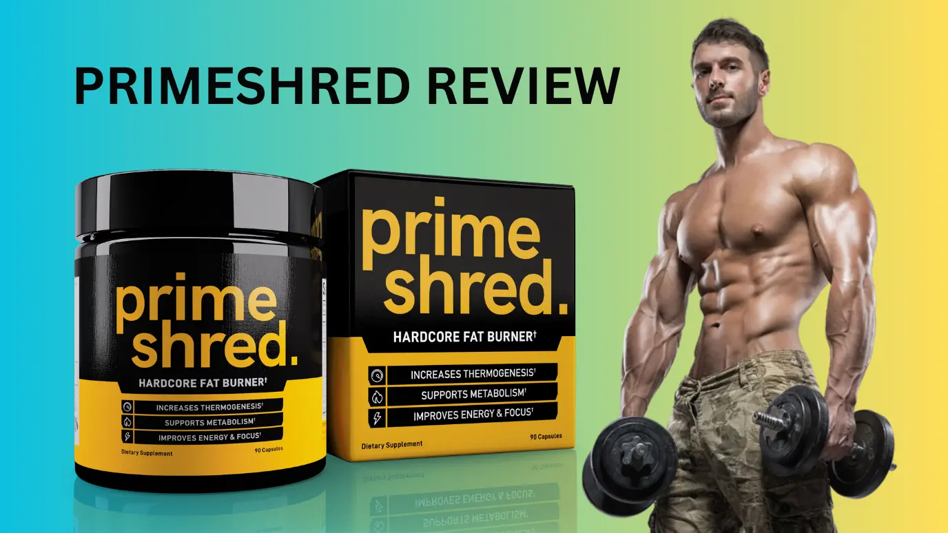 Featured image for PrimeShred Review article. In the image is a single box of PrimeShred fat burner and ripped man holding black dumbbells.